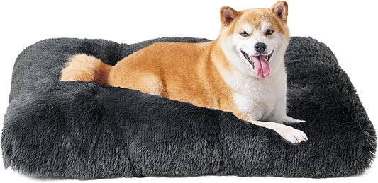 EHEYCIGA Fluffy Dog Crate Bed for Large Dogs, Plush Faux Fur Dog Crate Pad, Calming Anti Anxiety Large Dog Bed for Crate, Washable Soft Warm Dog Crate Mat with Non-Slip Bottom, Dark Grey