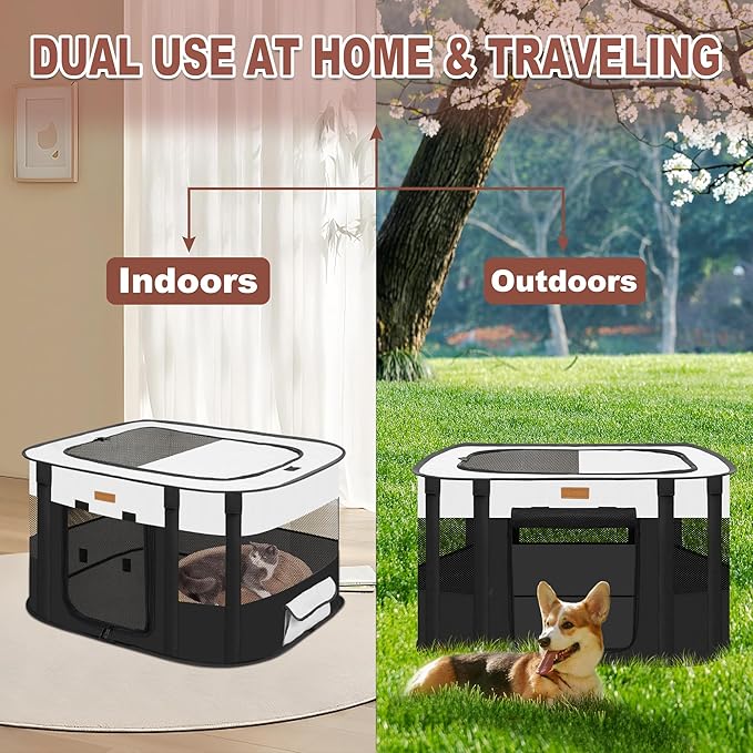 Dog Playpen - Foldable Cat Play Pens for Pubby, Kitten, Rabbit, Portable Pet Tent with Carring Bag for Indoor/Outdoor Travel Camping (Black-Large)
