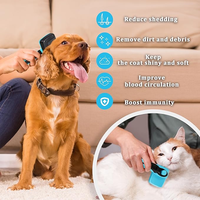 Qianruida Self Cleaning Slicker Brush for Grooming Long-haired or Short-haired Cats and Dogs Pet Brush for Shedding for Removing Undercoat and Tangled Hairs, Light Blue