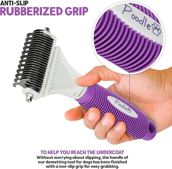 POODLIE Poodle Pet Dematting Comb for Dogs – Handheld Undercoat Dematter Rake Grooming Tool for Long or Short Hair