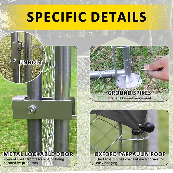 Large Outdoor Dog Kennel 9.8 x 9.8FT, Heavy Duty Outdoor Fence Dog Run, Dog Enclosure with Waterproof UV-Resistant Roof for Backyard Farm ESWE3029