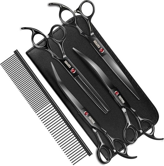 7.0in Titanium Professional Dog Grooming Scissors Set, GEMEK 6 in 1 Straight & Thinning & Upwards Curved & Downwards Curved Scissors & Comb for Dogs, Cats and Other Animals