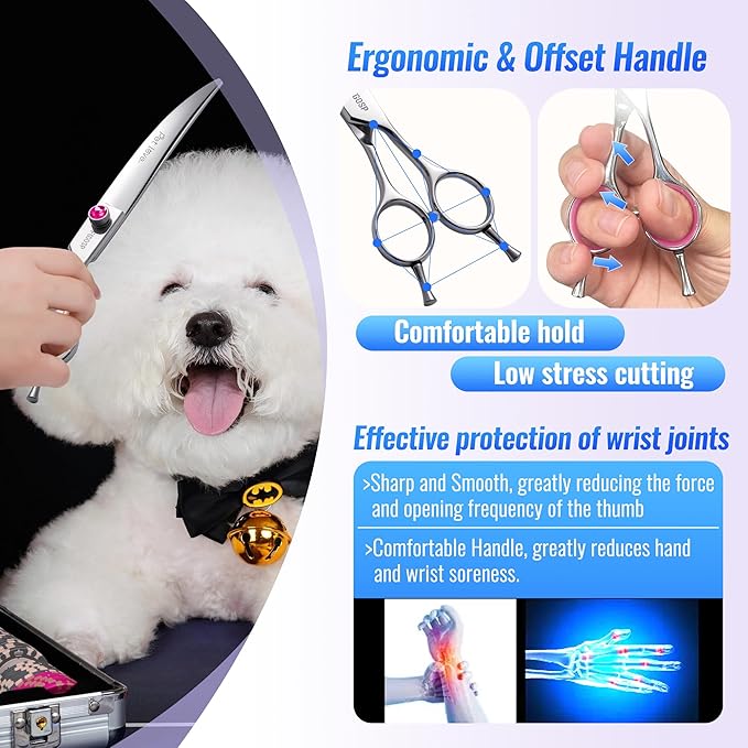 Curved Dog Grooming Scissors 7.5 inch Professional Curved Shears Dog Grooming for Poodle Large Dog Pet 30 Degree Japanese 440C Right Handed Super Sharp Purple Diamond(7.5,Curved)