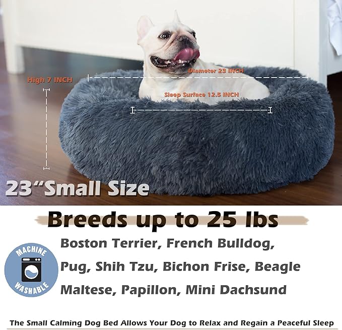 Puppy Bed for Calming Dog 23 Inches Dark Gray Anti-Anxiety Donut Dog Bed for Small Medium Dogs Washable Fuzzy Dog Bed Fits up to 15 lbs Pets Beds for Small Dog