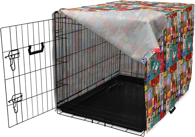 Lunarable Christmas Dog Crate Cover, Modern Design Theme Funny Xmas Winter Patterns Theme, Easy to Use Pet Kennel Cover for Cats & Medium Dogs, 24 Inch, Red Blue