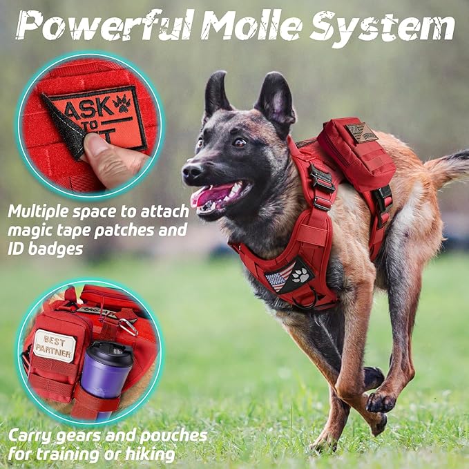 rabbitgoo Tactical Dog Harness for Large Dogs, Heavy Duty Dog Harness with Handle, No-Pull Service Dog Vest Large Breed, Adjustable Military Dog Vest Harness for Training Hunting Walking, Red, M