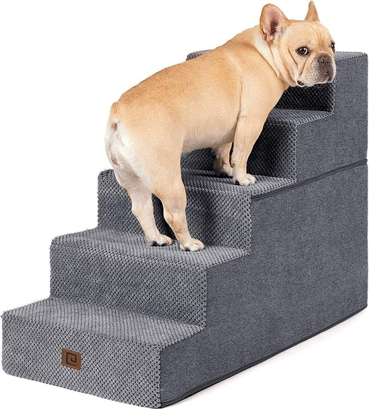 EHEYCIGA Dog Stairs Ramp for High Bed 22.5”H, 5-Step Dog Steps for Bed, Pet Steps for Small Dogs and Cats, Non-Slip Balanced Dog Indoor Ramp, Grey