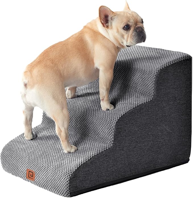 EHEYCIGA Curved Dog Stairs Ramp for Small Dogs 15.7" H, 3-Step Dog Steps for Couch Sofa and Chair, Pet Stairs for Cats, Non-Slip Balanced Pet Steps Indoor, Grey