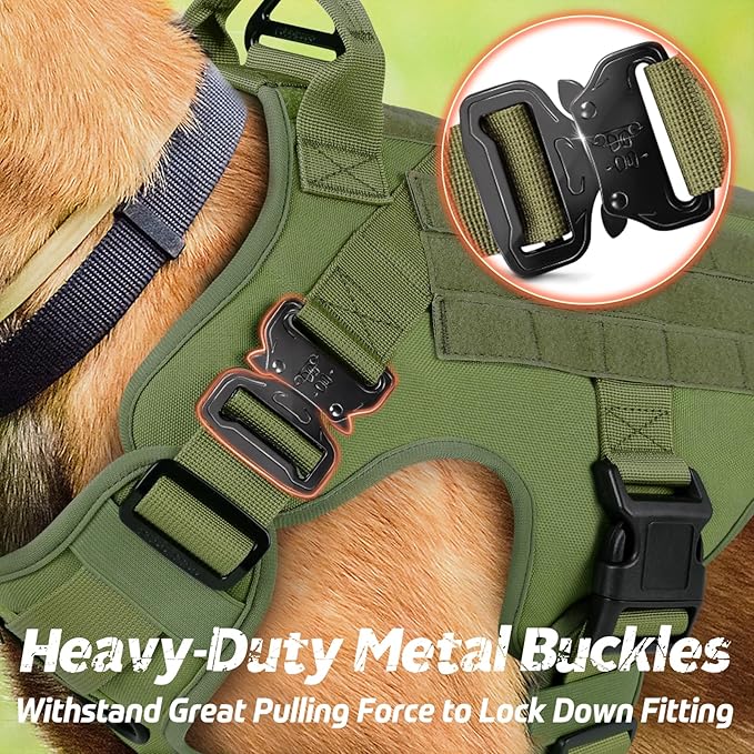 rabbitgoo Tactical Dog Harness for Large Dogs, Heavy Duty Dog Harness with Handle, No-Pull Service Dog Vest Large Breed, Adjustable Military Dog Vest Harness for Training Hunting Walking, Green, M