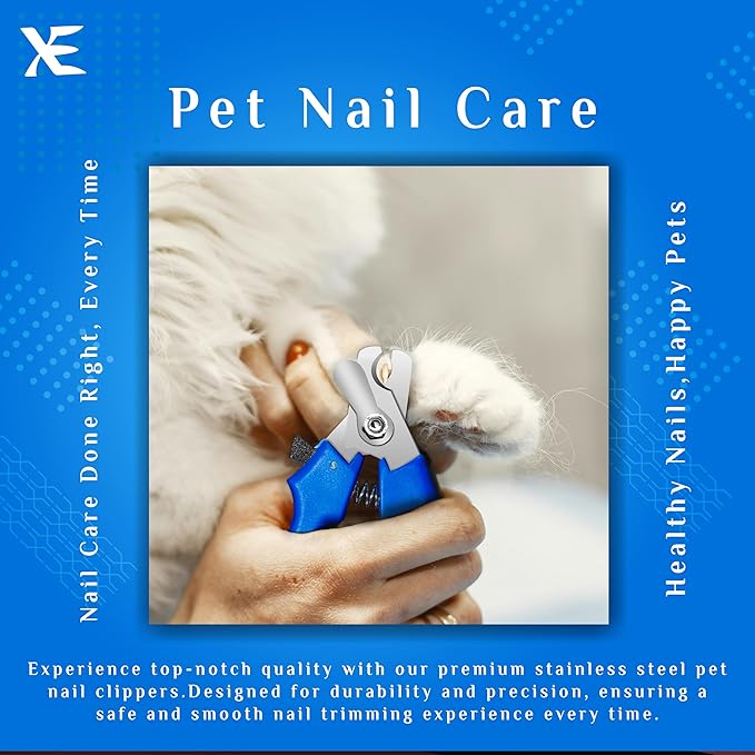 XE Stainless Steel Pet Nail Clipper – Non-Slip Handle Nail Cutter for Pets with Protection Guard, Cat and Dog Claw Trimmer with Nail File, Professional Grooming Tool for Dogs, Cats & Other Pets