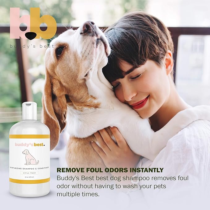 Buddy's Best Dog Shampoo for Smelly Dogs - Skin-Friendly, Oatmeal Dog Shampoo and Conditioner for Dry and Sensitive Skin - Moisturizing Puppy Wash Shampoo, Citrus Fresh Scent, 16oz