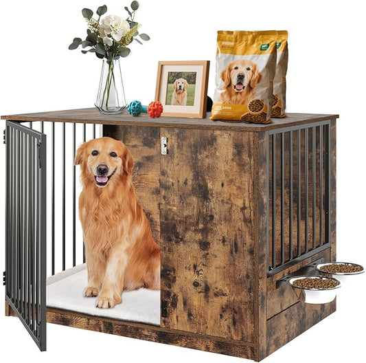 Dog Crate Furniture for Large Dogs, 36" Indoor Wooden Dog Kennel with 270° Swivel Door, 360° Rotating Feeder, Decorative Heavy Duty Dog House with Double Locks & Bowls, Rustic Brown