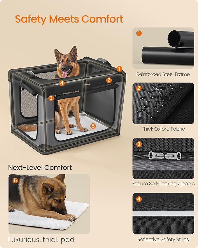 Feandrea Collapsible Dog Crate, 42-Inch Portable Dog Travel Crate for Extra Large Dogs, Oxford Fabric Pet Carrier with 4 Mesh Doors, Handles, Storage Pocket, Water Bottle Holder, Ink Black UPDC021B01