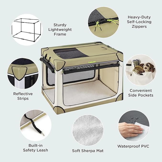 Lesure Soft Collapsible Dog Crate - 30 Inch Portable Travel Crate for Medium Dogs Indoor & Outdoor, 4-Door Foldable Pet Kennel with Durable Mesh Windows, Beige