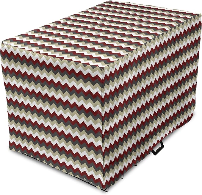 Lunarable Chevron Dog Crate Cover, Chevron Pattern with Vivid Color Scheme Stripes Design Modern Geometric, Easy to Use Pet Kennel Cover for Medium Large Dogs, 48 Inch, Burgundy Grey Eggshell