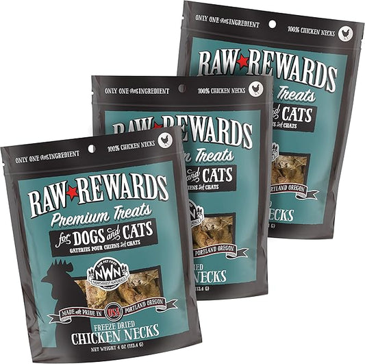 Northwest Naturals Raw Rewards Freeze-Dried Chicken Neck Treats for Dogs and Cats - Bite-Sized Pieces - Healthy, 1 Ingredient, Human Grade Pet Food, All Natural - 4 Oz (Pack of 3)