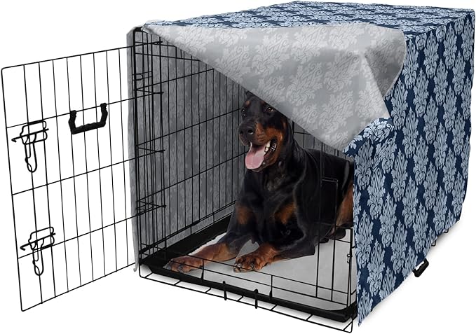 Lunarable Damask Blue Dog Crate Cover, Abstract Antique Royal Motif with Leaves and Swirls, Easy to Use Pet Kennel Cover for Medium Large Dogs, 42 Inch, Ceil Blue Violet Blue