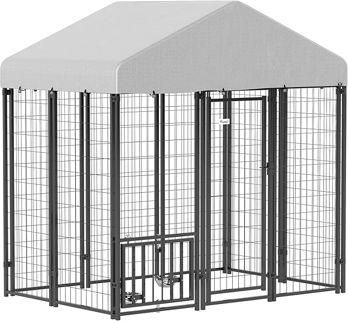 PawHut 5.9' x 4' x 6' Outdoor Dog Kennel, Welded Wire Heavy Duty Dog Run with 360° Rotating & 4 Level Adjustable Bowls, Dog Kennel Outside with Waterproof & UV Resistant Cover, for S&M Dogs
