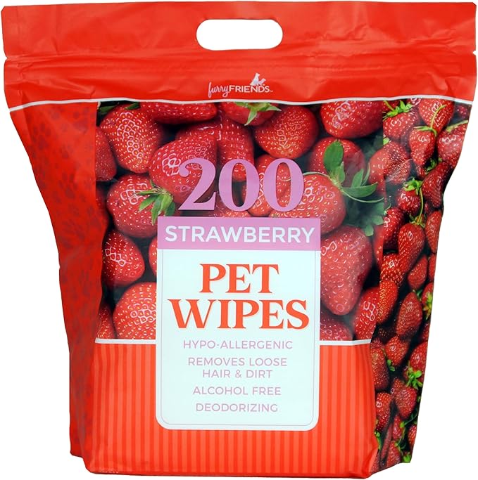 FurryFriends Pet Wipes | Strawberry | Hypo-allergenic | Alcohol Free| Deodorizing | Removes Loose Hair & Dirt | Incredibly Clean | 200 ct. 1 Pack