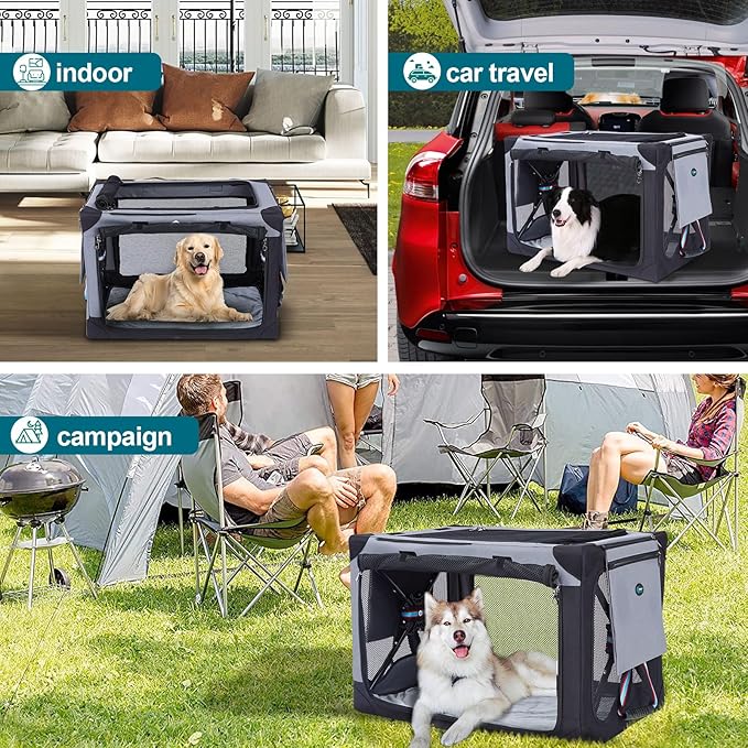 Ownpets Collapsible Dog Crate 32 Inch Portable Travel Dog Soft Crate with Detachable Storage Bag and Double-Sided Mat, 3-Door Dog Kennel for Indoor and Outdoor