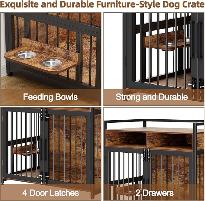 Dog Crate Furniture, 48 Inch Wooden Dog Cage with 2 Drawers, 360° & Adjustable Raised Feeder, Furniture Dog Crate for Medium-Large Dog Indoor
