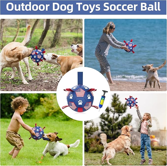 QDAN Dog Toys Soccer Ball with Straps - Durable Dog Balls for Large Dogs, Beach Pool Dog Water Toy, Dog Tug Toys for Tug of War, Puppy Dog Birthday Gifts (8 Inch)