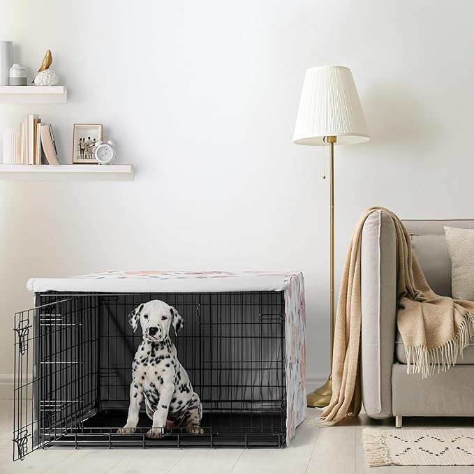 Sweet Jojo Designs Blush Pink Grey Boho Floral Dog Crate Cover – Kennel Covers for 36 Inch Pet Cage Medium - Bohemian Farmhouse Shabby Chic Rose Lily Watercolor Flower Elegant Gray and White