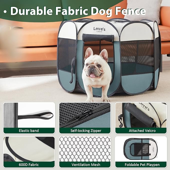 Love's cabin Pet Puppy Dog Playpen, Small Dog Tent Crates Cage Indoor/Outdoor, Portable Playpen for Cat, Foldable Pop Up Dog Kennel Playpen with Carring Case, Removable Zipper Top, Moss Green