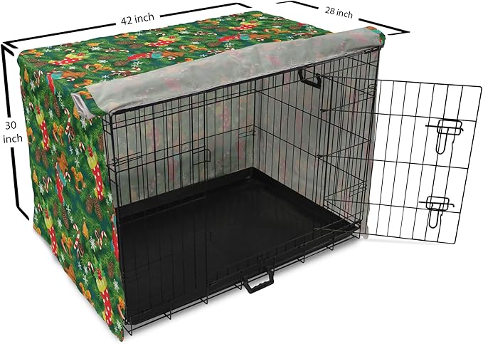 Ambesonne Christmas Dog Crate Cover, Xmas Accessories Stockings Candies Horse Teddy Bear on Pine, Easy to Use Pet Kennel Cover for Medium Large Dogs, 42 Inch, Green Brown