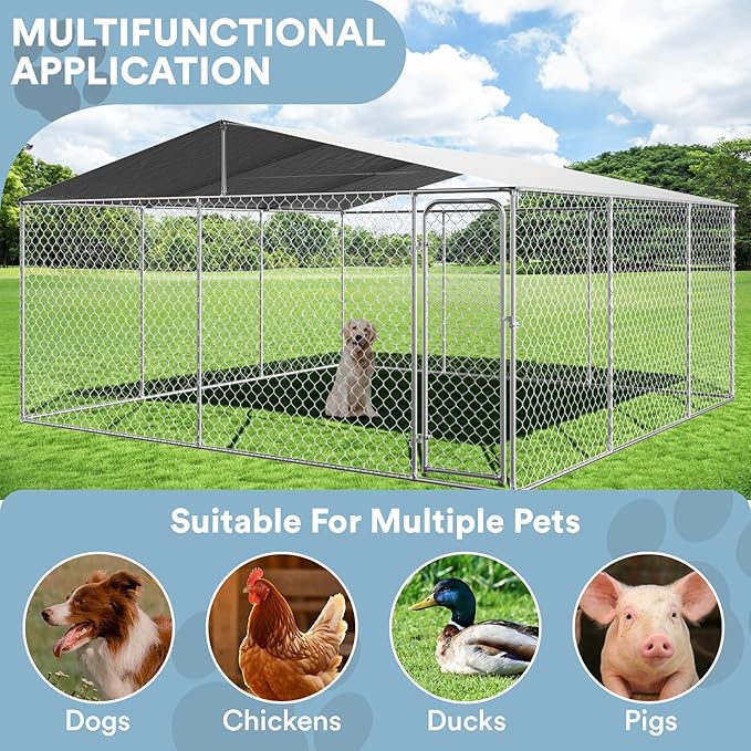 Rovibek 15'×15' Extra Large Outdoor Dog Kennel Dog Run Fence, Outside Dog Kennel with Roof, Heavy Duty Dog Playpen with Waterproof Sun-Proof Cover for Large Dogs
