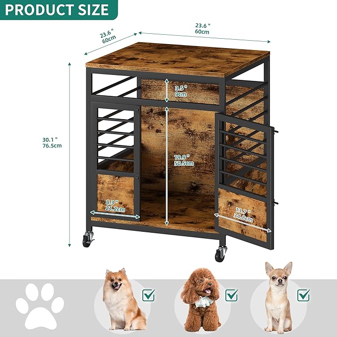 YITAHOME 24" Dog Crate Furniture with Wheels, Farmhouse Decorative Wood Dog Cage End Table Chew-Resistant Wooden Dog Kennel Indoor for Small Dogs, Rustic Brown
