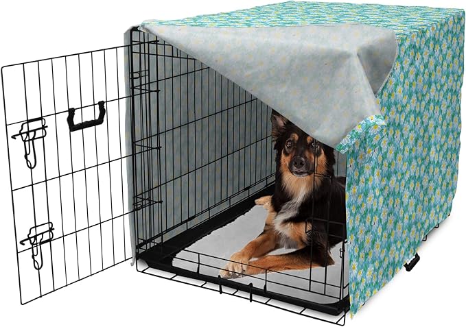 Lunarable Yellow and Blue Dog Crate Cover, Meadow Art Pattern with Ladybirds and Chamomile Daisy Blossoms, Easy to Use Pet Kennel Cover for Medium Large Dogs, 36 Inch, Aqua White Marigold
