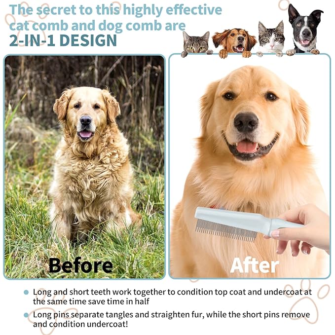 Ropo Pet Grooming Comb for Dogs and Cats, Flea Comb, Long Handled Pet Comb 2 in 1 Long and Short Stainless Steel Metal Teeth for Tangle and Knot Removal - Detangling Brush