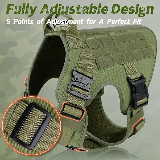 rabbitgoo Tactical Dog Harness for Large Dogs, Heavy Duty Dog Harness with Handle, No-Pull Service Dog Vest Large Breed, Adjustable Military Dog Vest Harness for Training Hunting Walking, Green, M