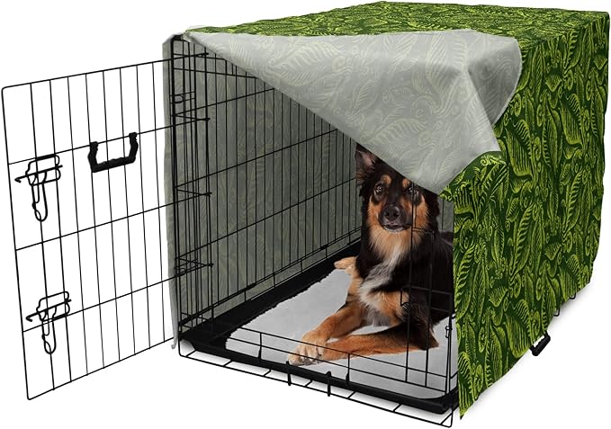 Lunarable Hunter Green Dog Crate Cover, Baroque Style Damask Floral Pattern with Leaves Swirled Branches Retro Design, Easy to Use Pet Kennel Cover for Medium Large Dogs, 36 Inch, Lime Green