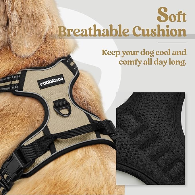 rabbitgoo Dog Harness, No-Pull Pet Harness with 2 Leash Clips, Adjustable Soft Padded Dog Vest, Reflective No-Choke Pet Oxford Vest with Easy Control Handle for Small Dogs, Beige, S