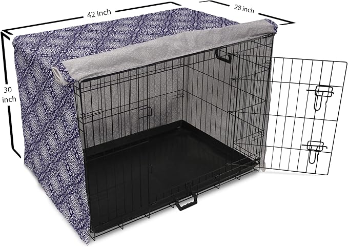 Lunarable Royal Blue Dog Crate Cover, Antique Moroccan Style Exotic Orient Inspired Ceramic Pattern Print Art, Easy to Use Pet Kennel Cover for Medium Large Dogs, 42 Inch, Indigo and White