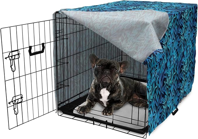 Lunarable Leaf Print Dog Crate Cover, Watercolor Hawaiian Inspired Nature Exotic Silhouettes on Dark Back, Easy to Use Pet Kennel Cover for Medium Large Dogs, 24 Inch, Violet Blue Turquoise