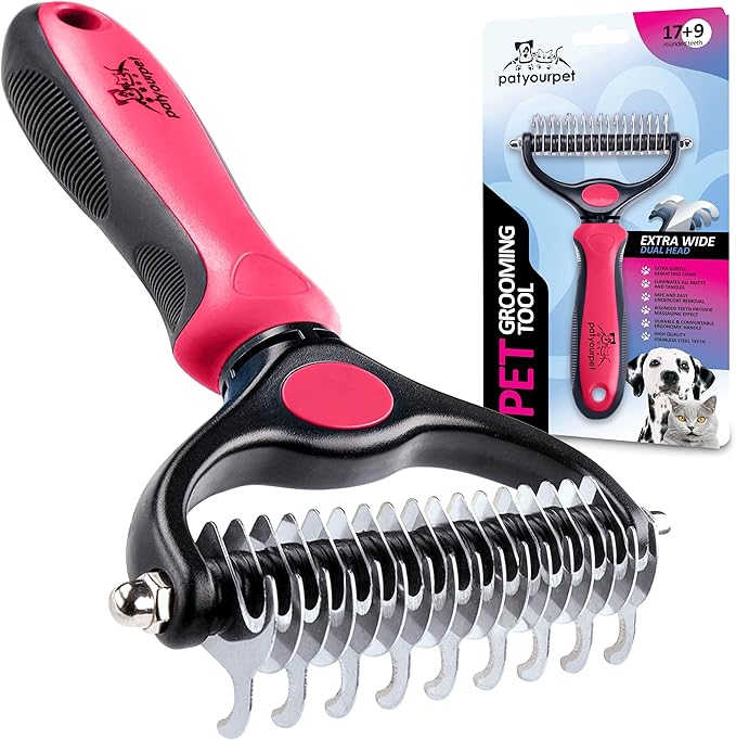 Pat Your Pet Deshedding Brush - Double-Sided Undercoat Rake for Dogs & Cats - Shedding Comb and Dematting Tool for Grooming, Extra Wide (Pink)