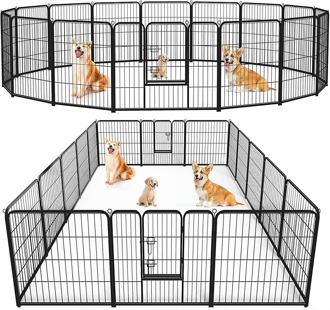 Sweetcrispy Dog Playpen Indoor - Pet Fence Exercise Pen for Yard Gate 16 Panels Foldable Puppy Playpens with Doors Metal Dog Pen for Camping, RV, Outdoor, Small/Medium/Large Pets, 32” Height