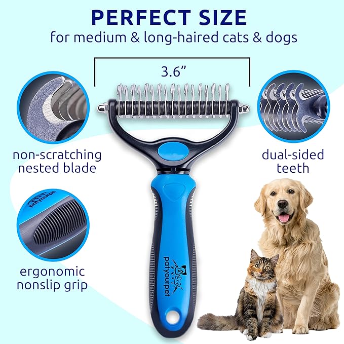 Pat Your Pet Deshedding Brush - Double-Sided Undercoat Rake for Dogs & Cats - Shedding Comb and Dematting Tool for Grooming, Extra Wide