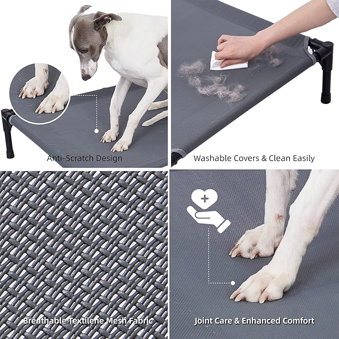 pettycare Elevated Outdoor Dog Bed - Dog Cots beds for Medium Dogs, Heavy Duty Raised Dog Bed Waterproof, Cooling Elevated Dog Bed with Washable Teslin Mesh, Durable, Non Slip, 32 Inches, Grey