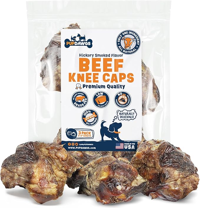 Single Ingredient Dog Bone Made in USA - Beef Knee Caps - 100% Natural Dog Bones for Aggressive Chewers - from USDA Inspected Beef - Hickory Smoked - Individually Wrapped (3 Piece Pack)