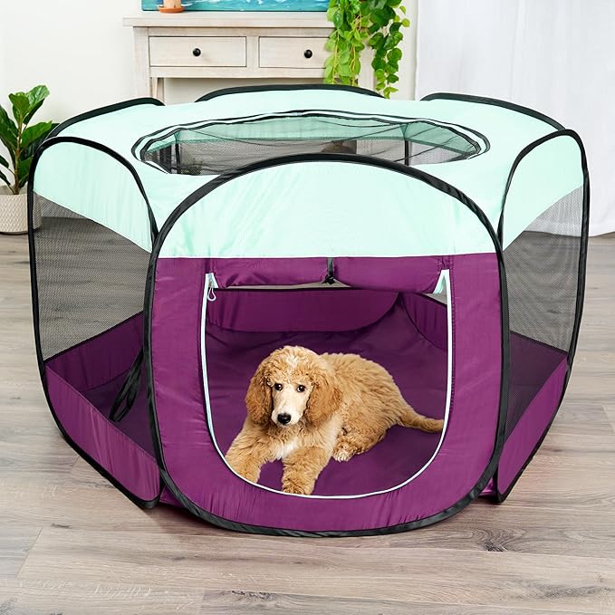 Furhaven Portable Dog Playpen Cat Tent, Pet Playground/Kennel Foldable Indoor Outdoor Zippered Puppy Crate - Purple, Large