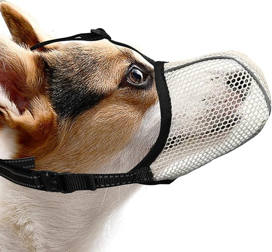 Dog Muzzle, Breathable Soft Muzzle for Small Dogs to Anti & Prevent Barking Biting Chewing, Reflective & Adjustable Basket Muzzle with Air Mesh for Toy Poodles Beige S