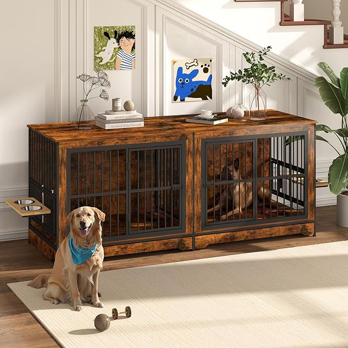 78 Inch Dog Crate Furniture with 4 Bowls, Double Dog Kennel Indoor with 360° Rotating and Adjustable Height Dog Bowl Holder, Brown Large Dog Wooden Crate with Divider for 2 Dogs