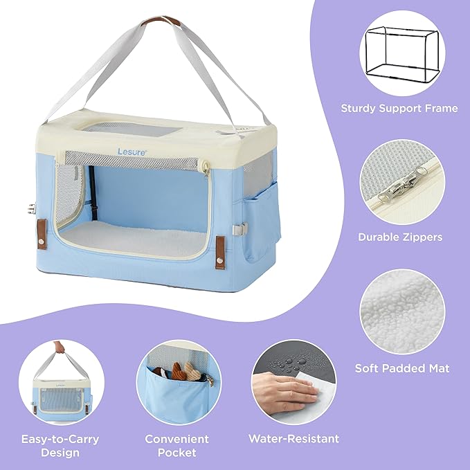 Lesure Collapsible Travel Dog Crate for Small Dogs, Portable Soft Dog Crate for Outdoor & Indoor, Folding Fabric Dog Kennel with Handle, 24 Inch Heavy Duty Pet Carrier (Blue)