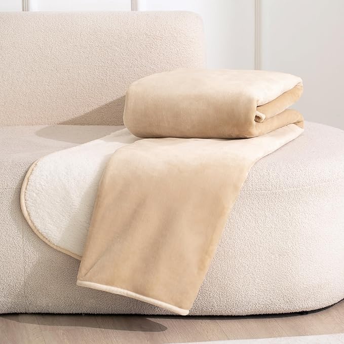 gogobunny Waterproof Bed Blanket, Reversible Sherpa Fleece Throw Blanket for Dog Puppy Cat, Furniture Cover Protects Bed Couch Sofa from Liquid Pee and Pet Fur (Beige, 50x60 inches)