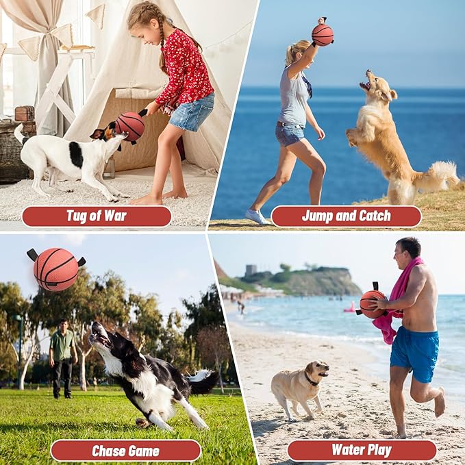 QDAN Dog Ball Basketball Toys - Balls for Dogs with Straps, Dog Toys for Tug of War, Dog Water Toy Pool Toys for Small Medium Dogs, Dog Birthday,Red(6 Inch)