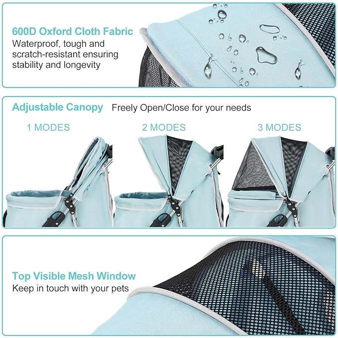 Pet Stroller for Medium Small Dogs and Cats, Folding Puppy Stroller Dog Cat Cage Jogger Stroller with Cup Holder and Storage Basket, 4 Wheels, Light Blue